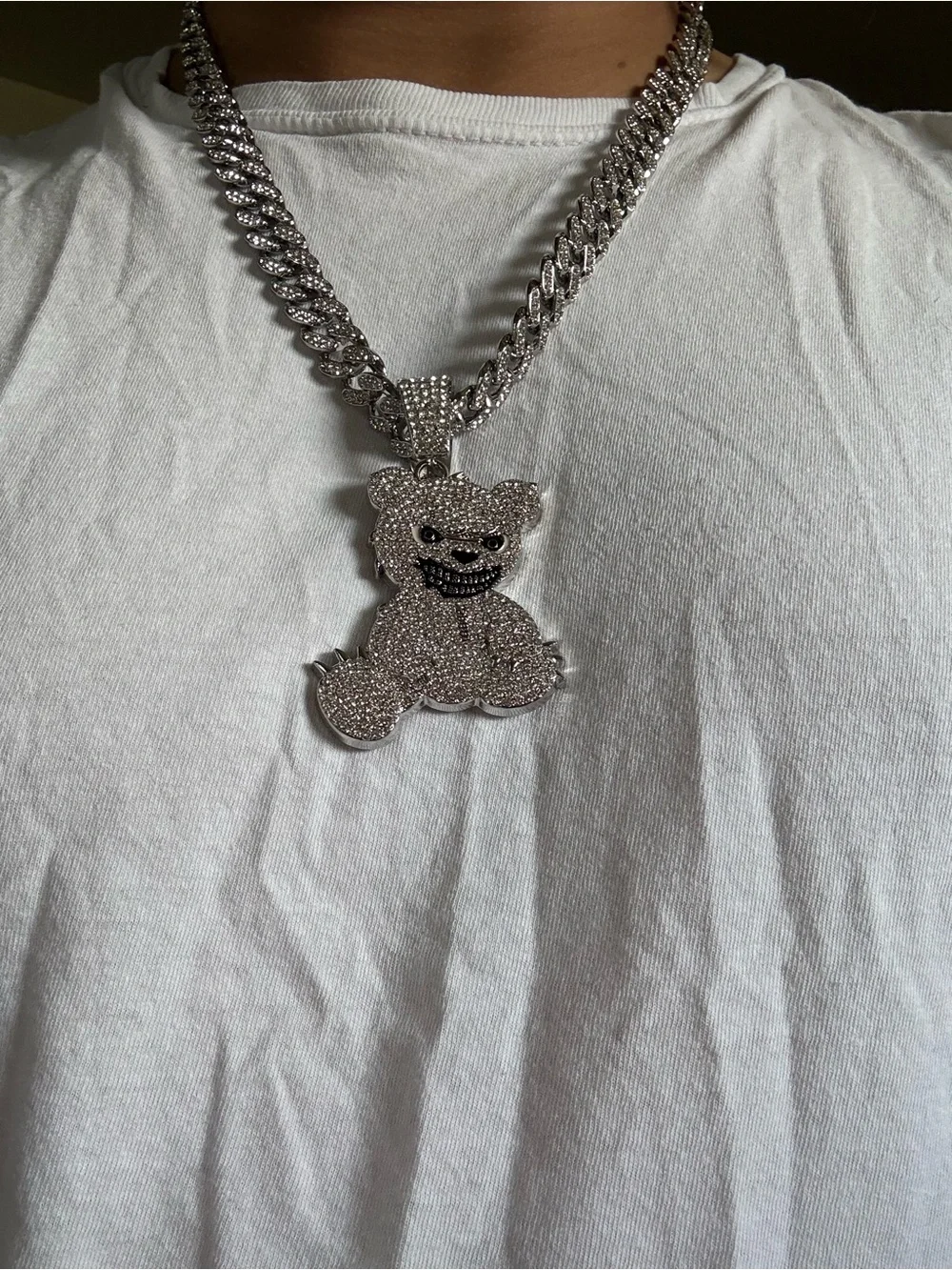 Iced Out Silver Teddy Pendant Cuban Chain Necklace